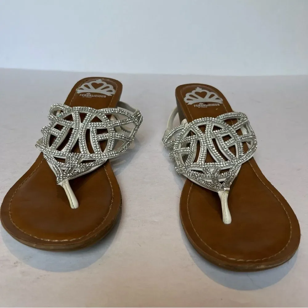 Fergalicious Women's White/Silver Thong Sandals Sparkly Size 7.5M Strappy